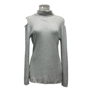 Athleta Gray Cotton-Cashmere Ribbed Cold Shoulder Turtleneck Blouse Size Large